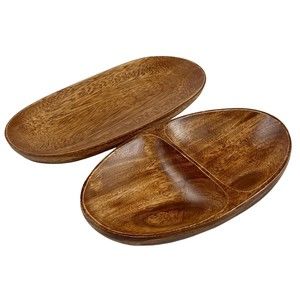 2 Woodard & Charles Divided Wood Dish & Oblong Tray Tidbit Snack Nut Trinket